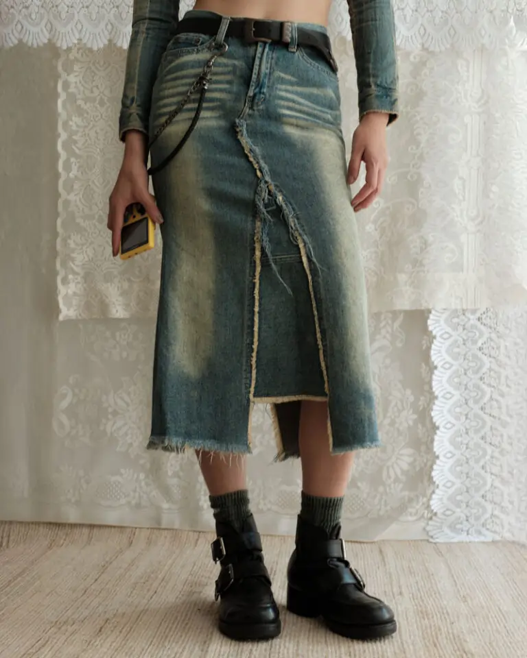 Distressed Greencast Denim Wash Skirt