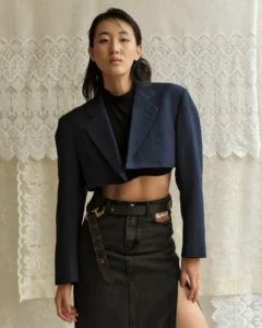 upcycled navy cropped blazer styled on model