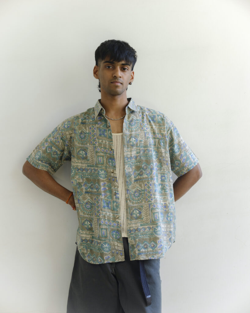 Vintage muted tones shirt with abstract print and relaxed oversized fit.