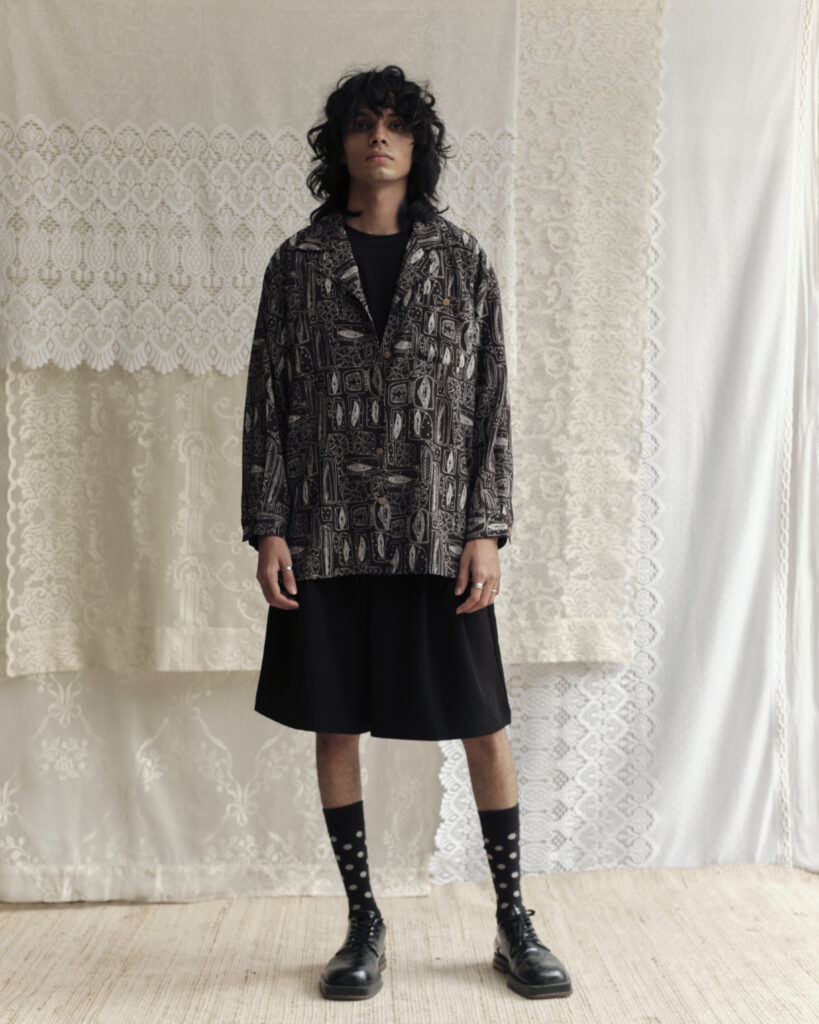 Vintage black and white abstract print shirt with Cuban collar and oversized fit.