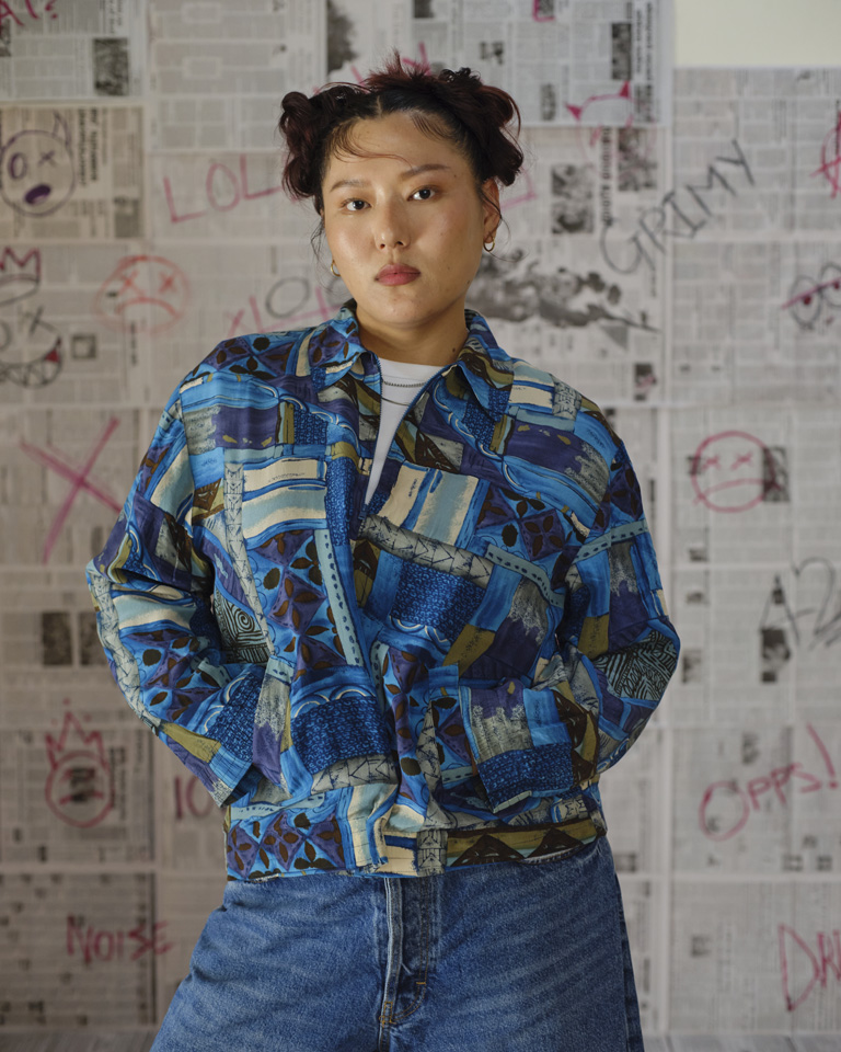 Unisex blue abstract lightweight jacket by Now + Thenn with patch-style geometric print and relaxed fit.