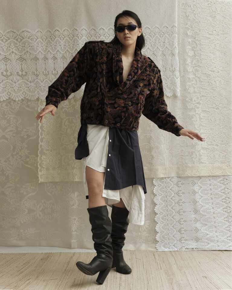 Unisex printed velvet double-breasted jacket by Now + Thenn with oversized fit and tapestry-inspired pattern.