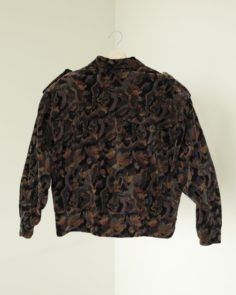 Unisex printed velvet double-breasted jacket by Now + Thenn with oversized fit and tapestry-inspired pattern.