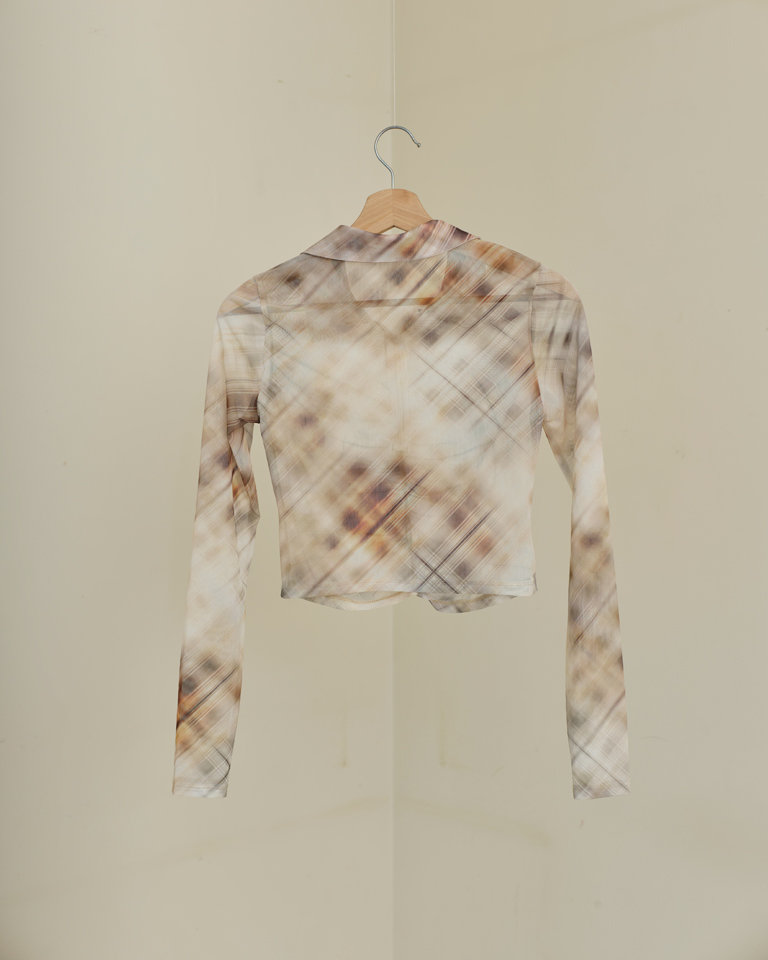 Abstract print ruched mesh crop top with long sleeves and fitted silhouette, sheer stretch fabric by Now + Thenn