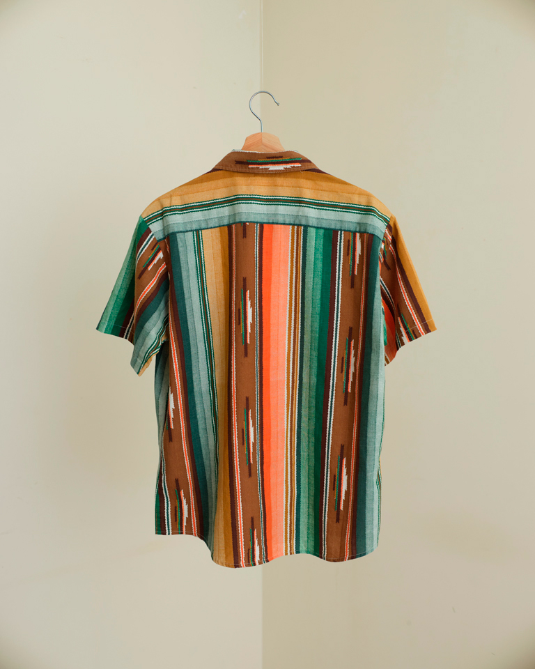 Retro striped button-up shirt with woven geometric pattern and earthy colour palette by Now + Thenn.